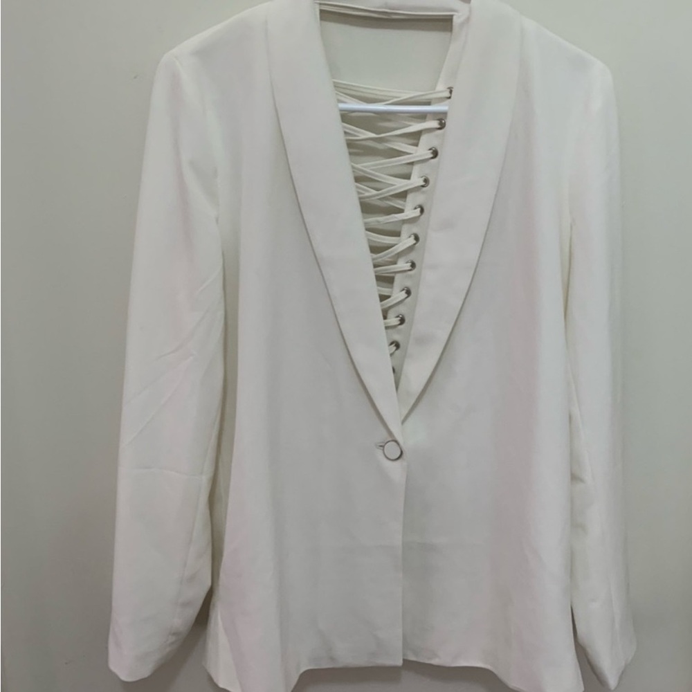 Elegant White Women's Blazer Lace up Back
